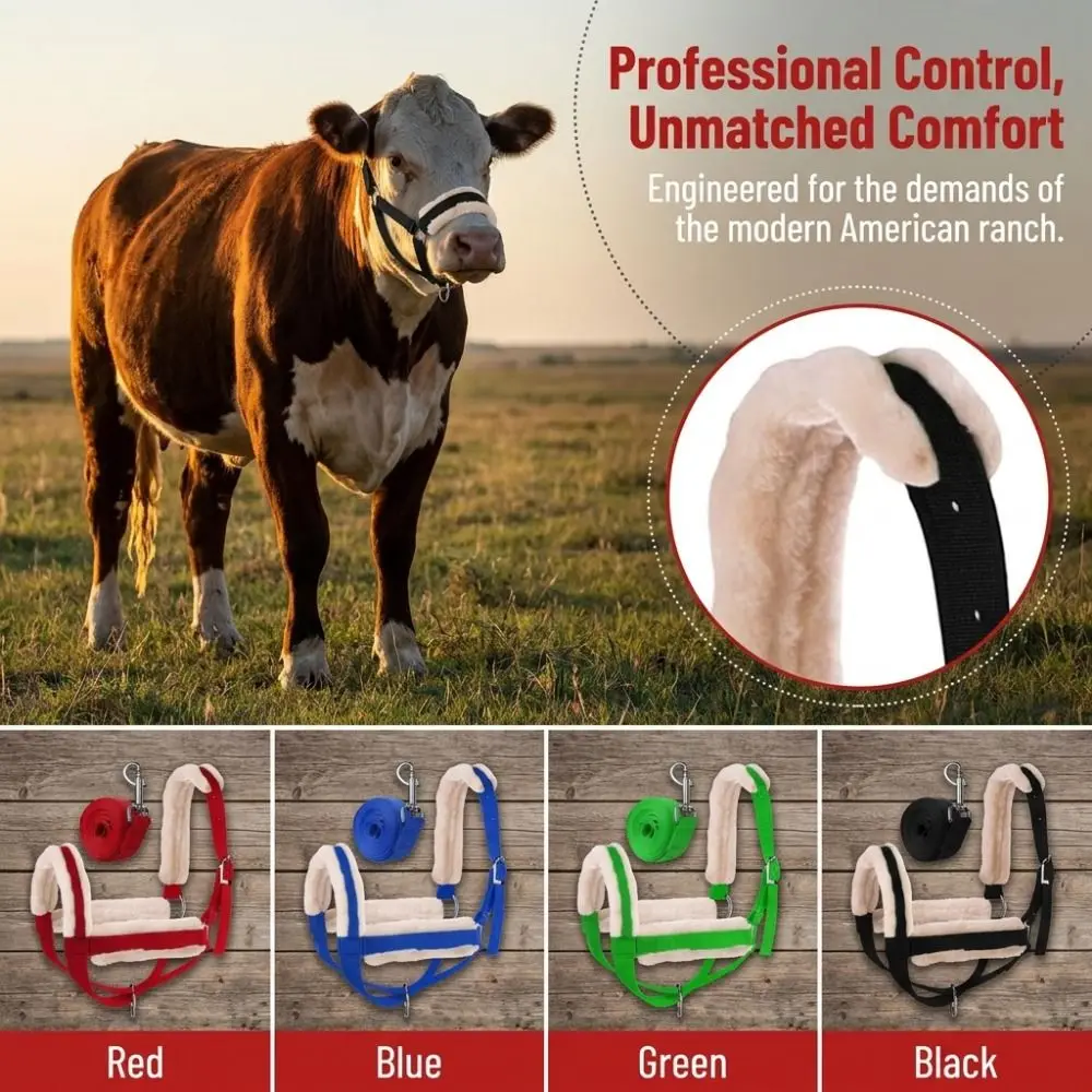 Plush Nylon Cow Halter Adjustable with Long Lead Rope Halter Lead Rope Set Fleece-lined Comfortable Animal Training Harness