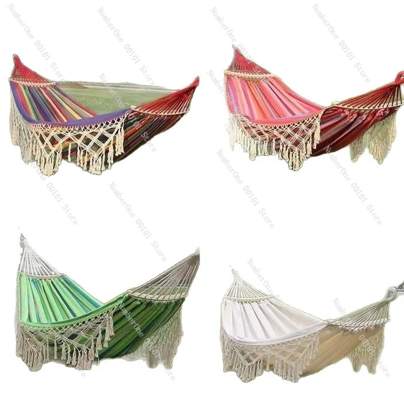 Canvas Double Hammock with Tassel Outdoor Camping Swing Anti Roll Hanging Chair Portable Thick Fabric Hammock for Garden Patio