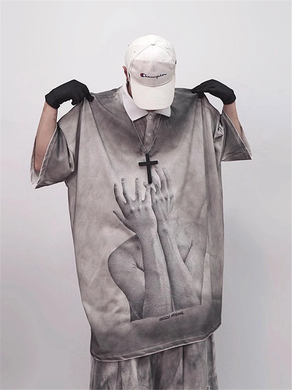 Fashion Print Polo Shirts Mens Streetwear Hip Hop Punk Short Sleeve T-shirts Oversized Harajuku Vintage Loose Casual Tees Tops