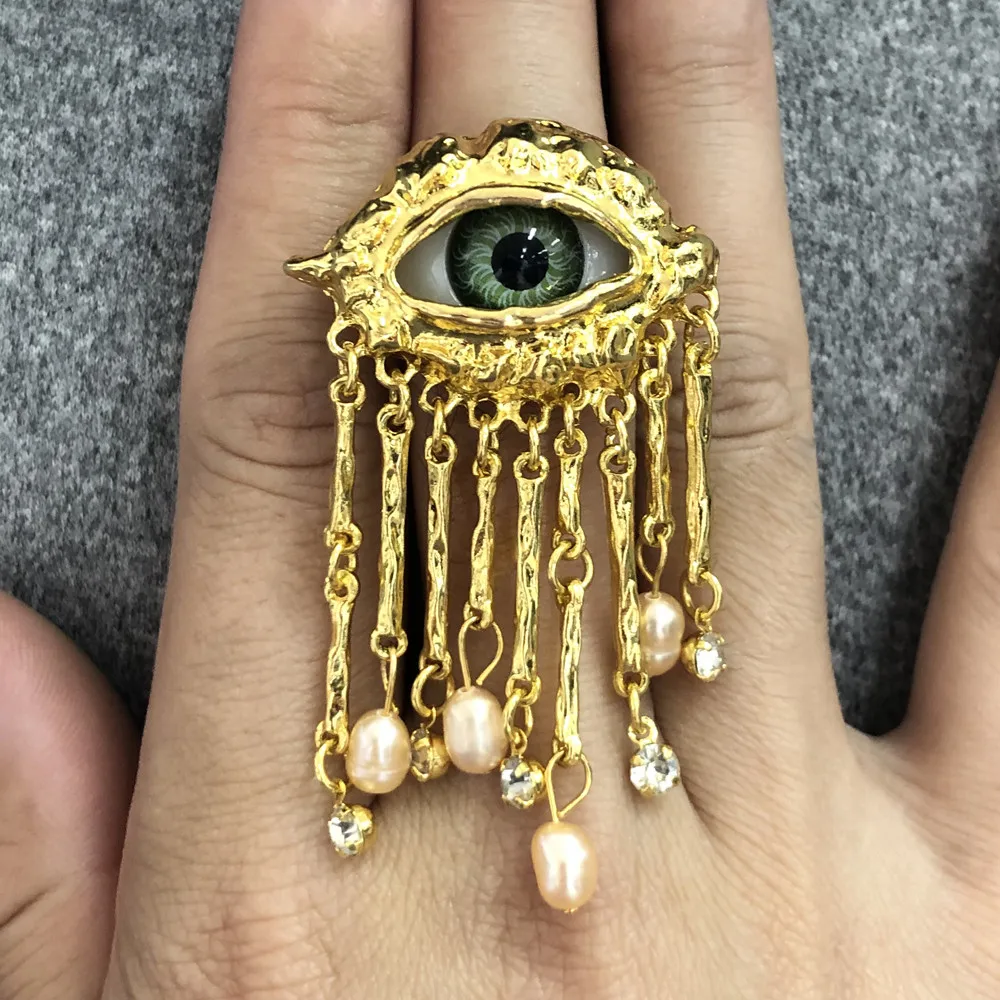 Women Vintage Eyes of Demon Ring Exaggerated Trendy Style Imitated Pearl Girls Devil's Eye Delicate Tassels Rings Jewelry