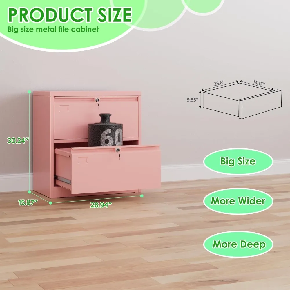 Metal Lateral File Cabinet with Lock, 2-Drawer Wide Storage for Home Office, Suitable for Hanging Files, Letter Size, School and