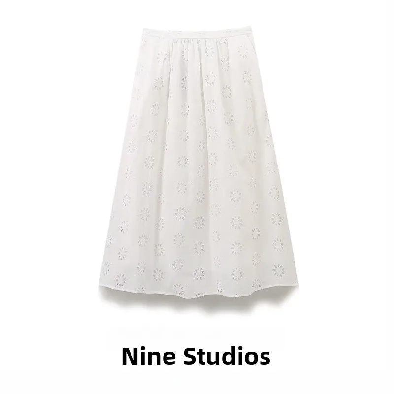 

High Waist Embroidered Hollow out Casual Versatile Midi Skirt Women's New Arrival A-Line Loose Fit Commute Spring Color