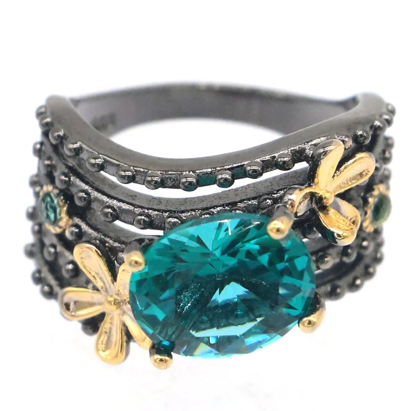 Buy 4 Get 1 Free 18x15mm Unique Gold Flowers 6.5g Aquamarine Violet Tanzanite Pink Morganite Cool Black Metal Silver Rings