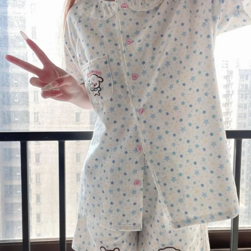 Japanese Women's Short Sleeve Top Summer Animal Print Embroidered Shorts Waffle Cute Sweet Comfortable Home Pajama Suit Ladies