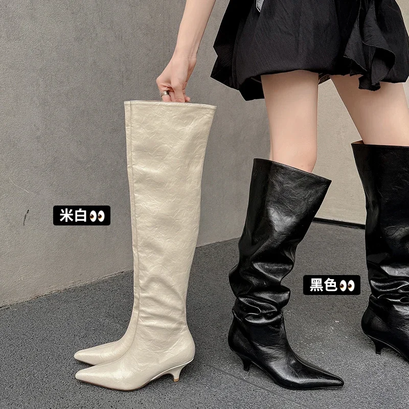 2026 nuevas botas hasta la rodilla de Otoño Invierno para mujer 22-25cm de cuero de microfibra punta estrecha tacón alto fino botas largas