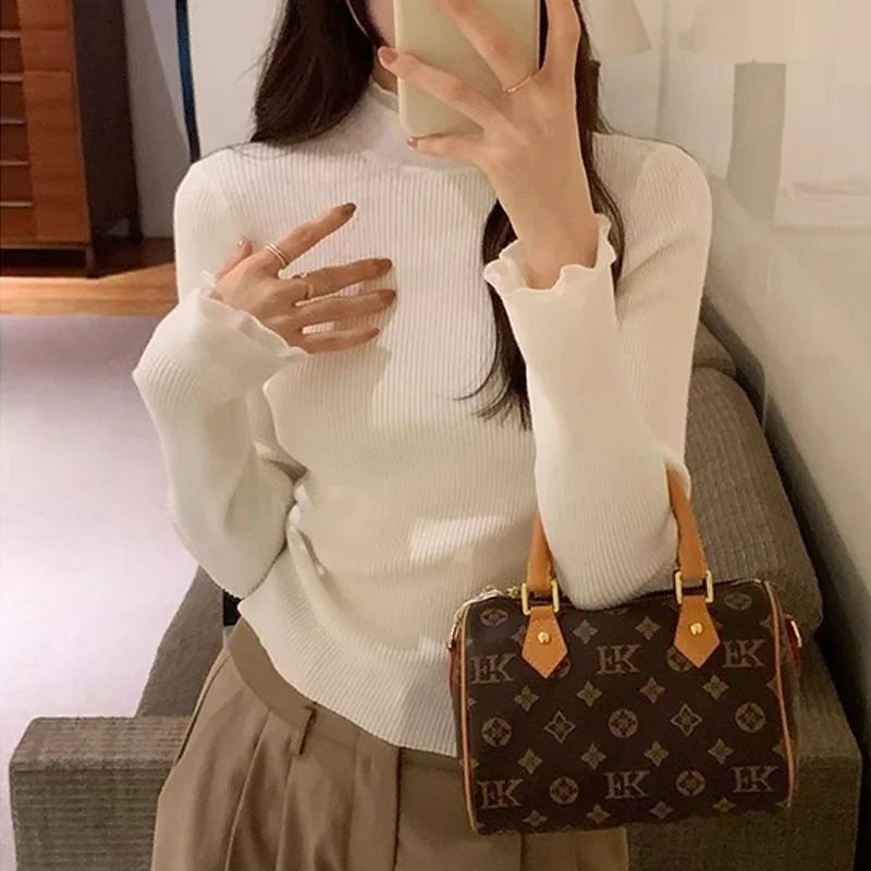 

Вязаный свитер, женские пуловеры, новый вязаный свитер с длинным рукавом и рюшами на воротнике, пуловер, женские топы, свитера Sueters De Mujer Q1113