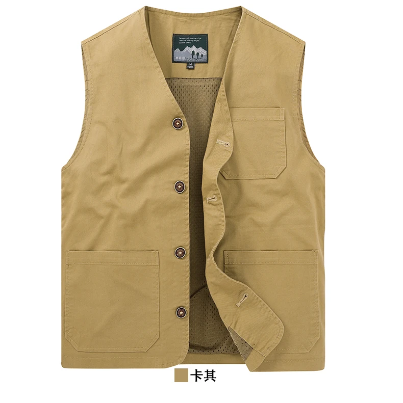 Vest men's spring and autumn V-neck buckle loose plus size vest for middle-aged and elderly people, cotton casual vest for outer