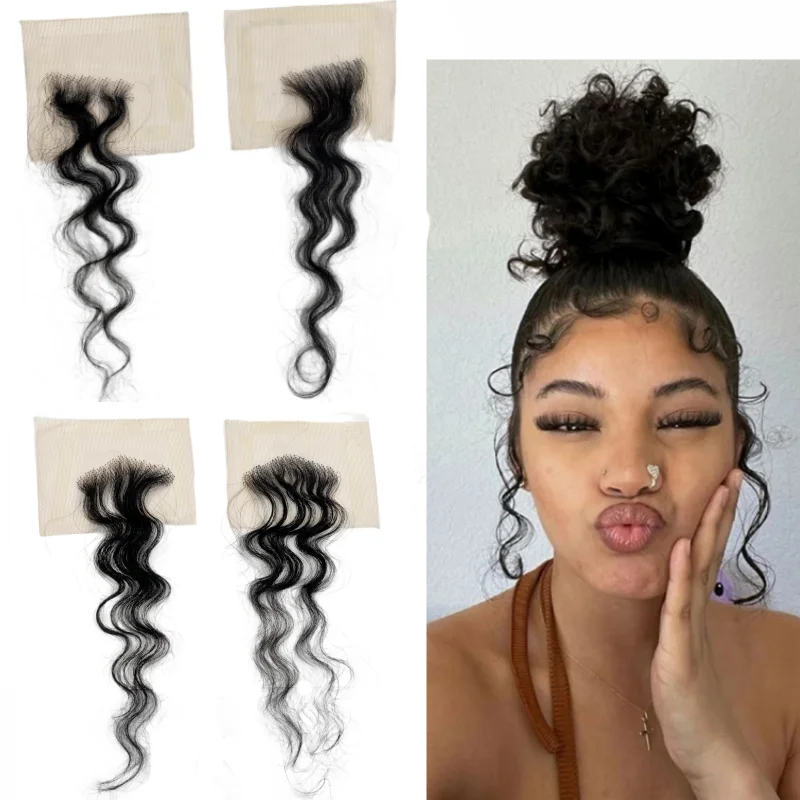 مجعد متموج حواف الشعر شرائط الدانتيل للنساء قابلة لإعادة الاستخدام غير مرئية الدانتيل شعري 2 قطعة اليدوية الطبيعية خصلات شعر بشري حقيقي 10"