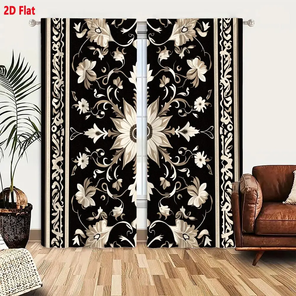 2Pcs Curtains 2D Flat Symmetrical Ornate Floral Pattern With Central Eight-Pointed Star And Swirling Vines On Black Background W
