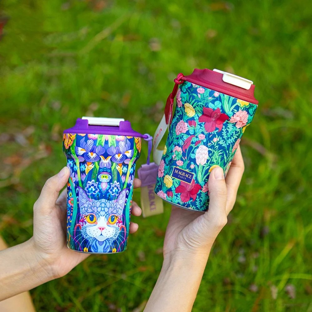 420ML Travel Mug Coffee Cup 316 Stainless Steel Thermal Mug Retro Flower Pattern Vaccum Thermos Cup Water Bottle Protable