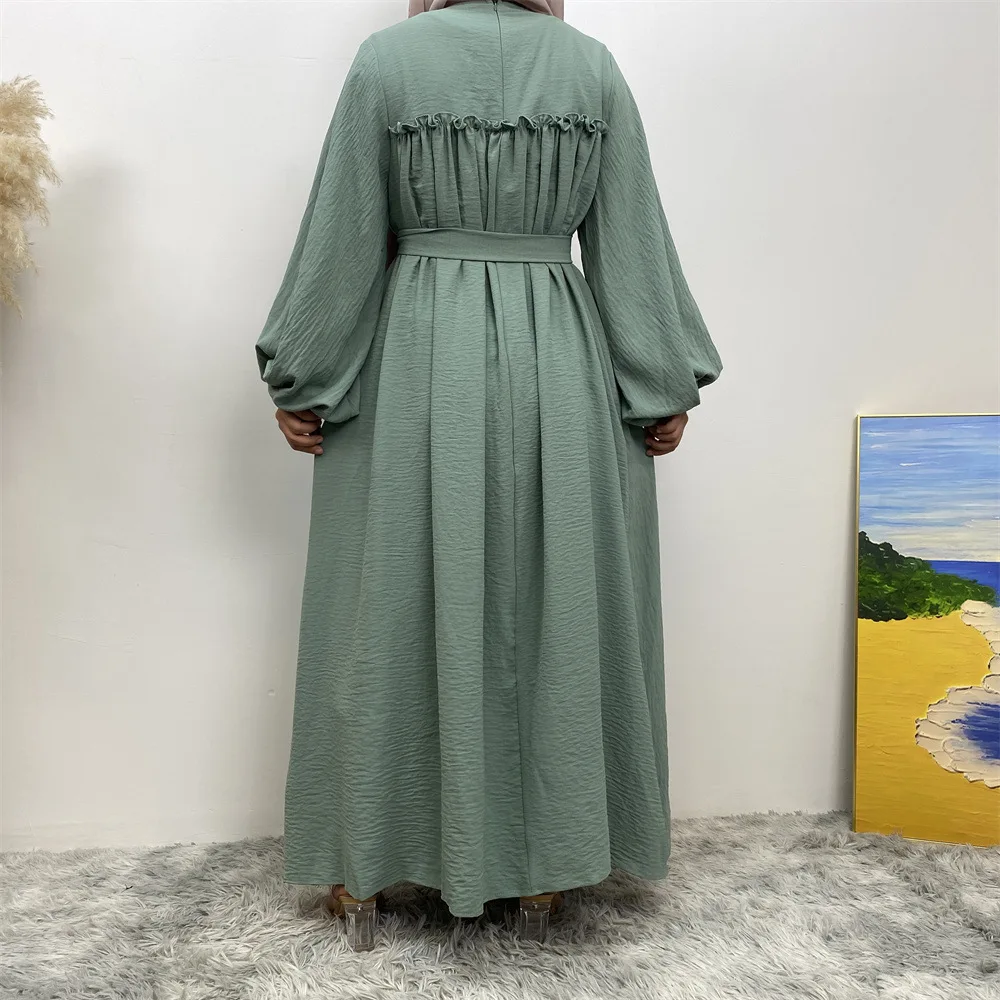 Muslim Women Middle East Dubai Loose Sleeves Robe Dress Abaya Solid Color with Side Pockets