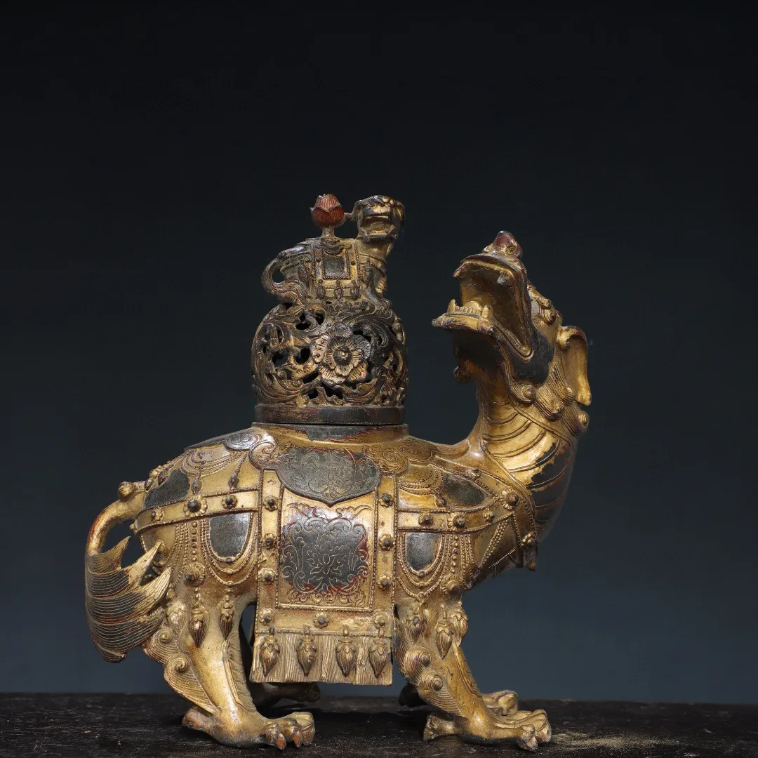 Mud, gold, old yellow, copper furnace, mud, gold, Pixiu, auspicious beast, lion, lion, smoked incense burner, cone tower, feng s