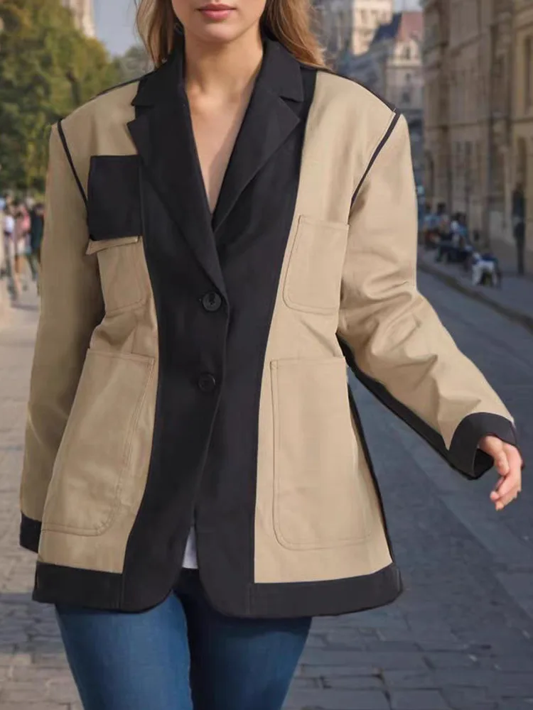 ZMEENNA Giacca blazer colorblock moda donna risvolto tacca due bottoni contrasto kaki nero capispalla casual ZM4337