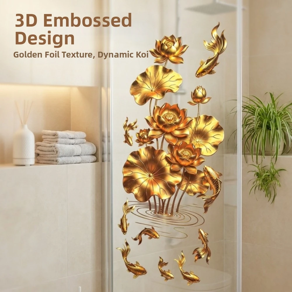 Anti-static Flower Koi Sticker Plastic 3D Effect Glass Door Sticker Chinese Style Golden Lotus Wall Sticker