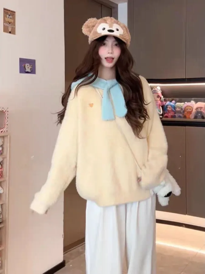 

Ladies Thiened Knitted Yellow Sweater Soft Mink Velvet Loose Sle Spring New Arrival Student oulder Wrap Comfortable Top