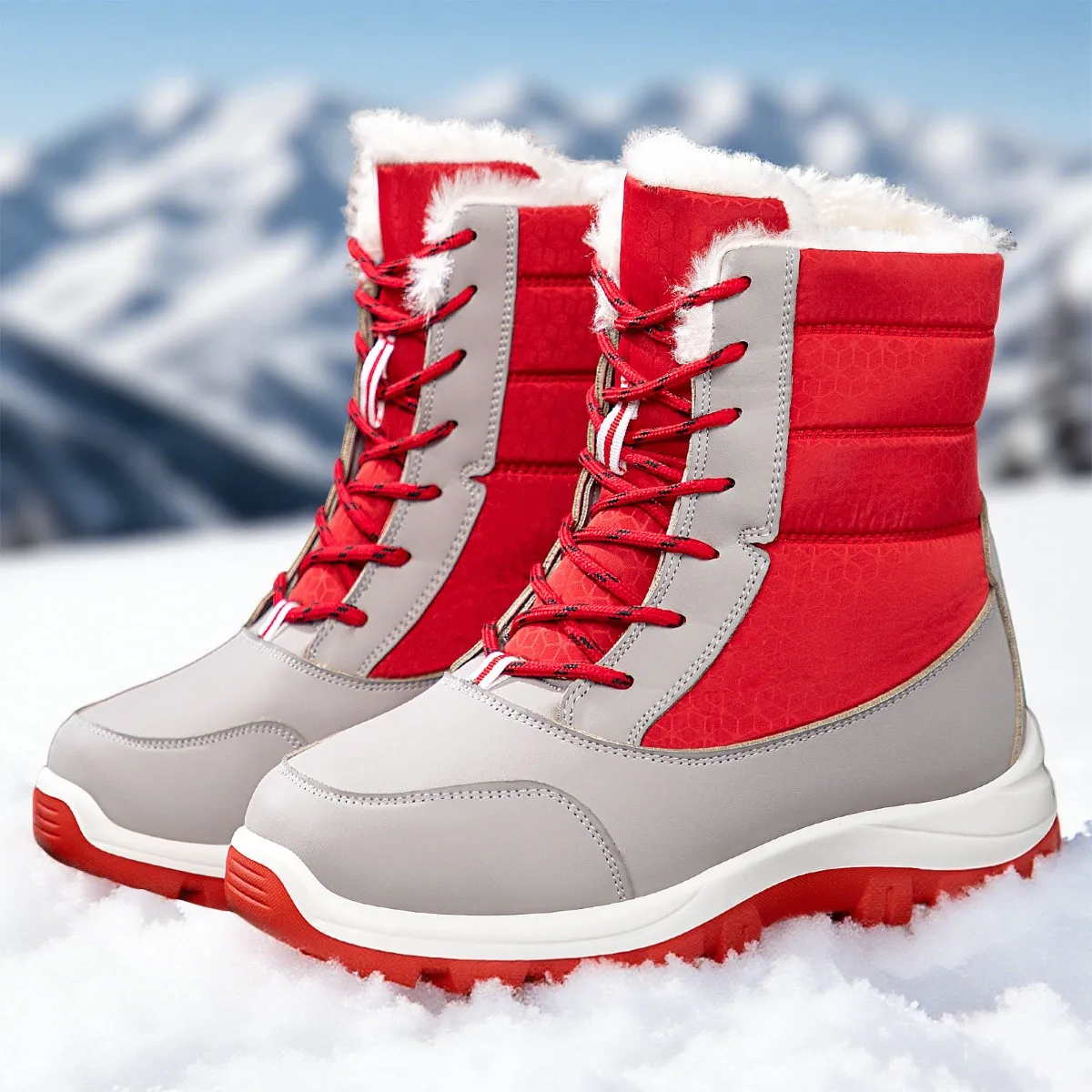 Warm Fur‑lined Women Winter Snow Boots Lace‑up Waterproof Anti‑slip Thick Sole Outdoor Wind‑proof Cold‑weather Ankle Boots