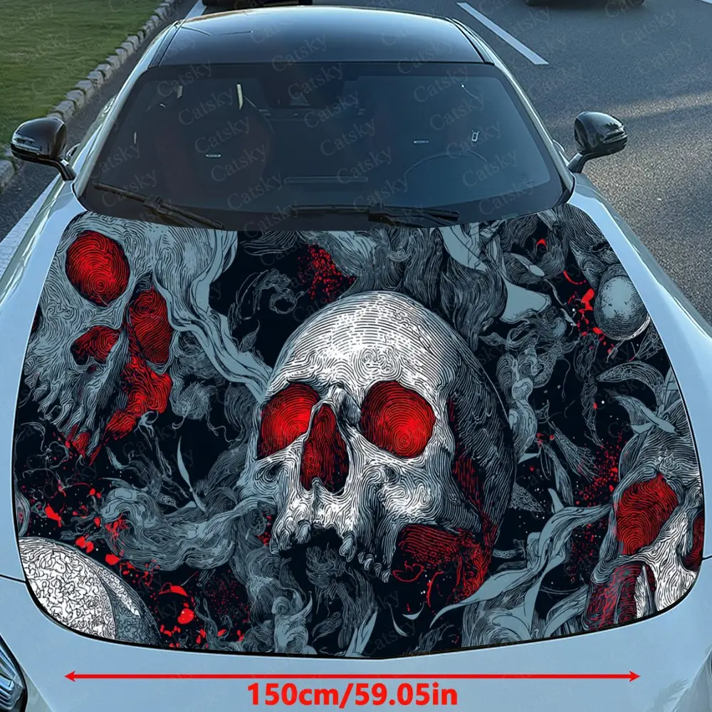 Car Decal Skull with Red Eye & Smoke Element in Dark Gothic Design, Creating a Bold and Mysterious Visual Car Hood Sticker, Wate