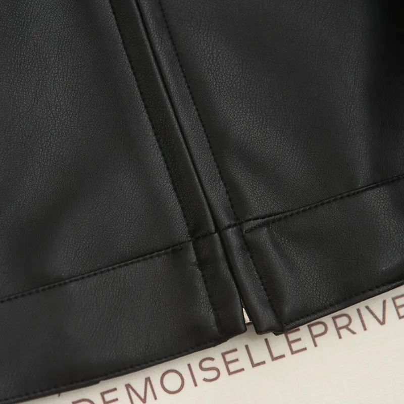 Ele Bla PU Leather Jaet ort Outerwear 2025 Autumn Winter Sle Turn-down Collar Slimming Versatile Sweet Cool Trend