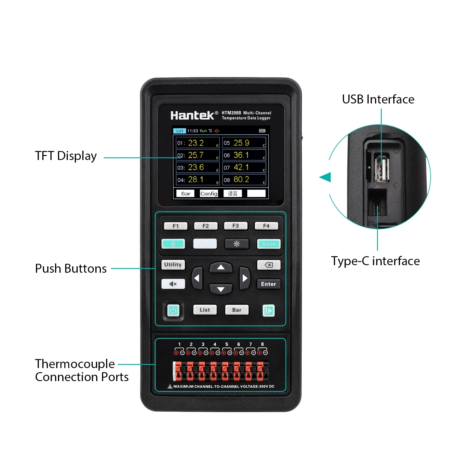 Hantek HTM208B Testador digital LCD de 2,8 polegadas Registrador de dados de temperatura de 8 canais Instrumento de gravação de temperatura recarregável