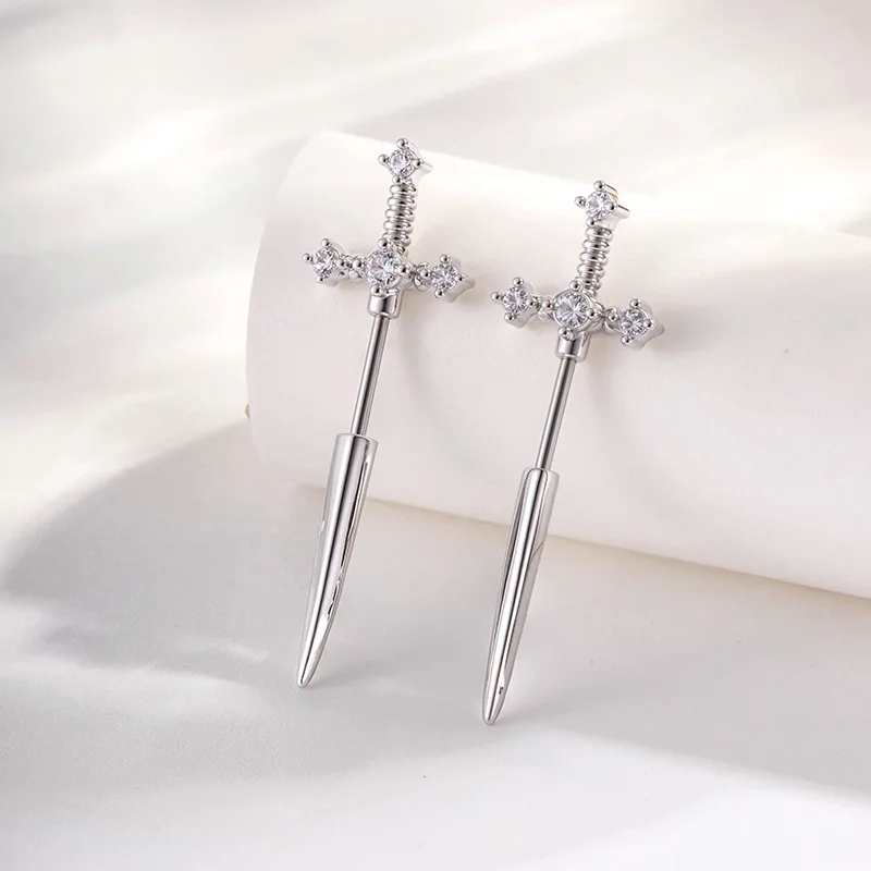 Vintage Gothic Sword Earrings, 20G Hypoallergenic Titanium Cubic Zircon Crystal Dagger Earrings Punk Style Sword Dangle Earrings