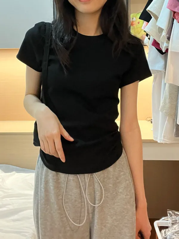 Slim Fit Cotton Short Sleeve T-Shirt Women's Basic Style Summer Casual Wear Black Color Enhancing Thinness Base Layer Shirt