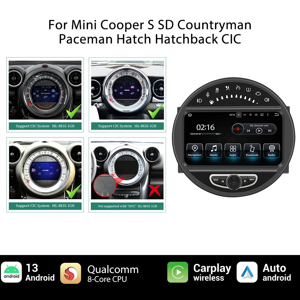 

Hualingan Android 13 Wireless CarPlay for Mini Cooper S SD countryman paceman Hatch hatchback CIC mutimedia head unit Autoradio