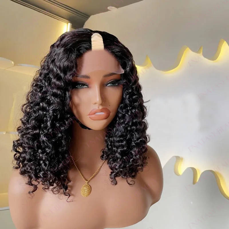 

Black Women Easy Wear Short Bob Curly Human Hair 1x4 Middle U Part Wigs Natural Full Glueless V Part Wigs with Clips Adjustable