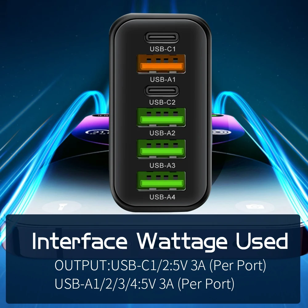 شاحن شحن سريع متعدد المنافذ بقدرة 65 وات QC3.0/USB/Type C/PD 6 منافذ شاحن شحن سريع لهاتف iPhone15 Xiaomi Samsung مقبس السفر