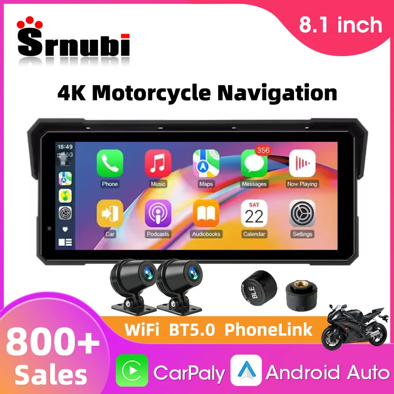 

8,1-дюймовый мотоцикл IPX7 водонепроницаемый беспроводной Carplay Android Auto 4K 1080P двойная камера портативный навигационный GPS экран дисплей