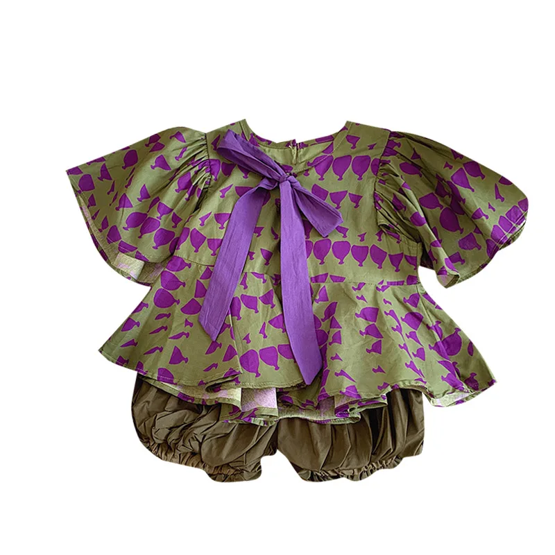 

Рубашка-фонарь, комплект брюк 90-140 см, От 1 до 10 лет, для девочек, 2025 г., южнокорейская детская кукольная рубашка с бантом и принтом