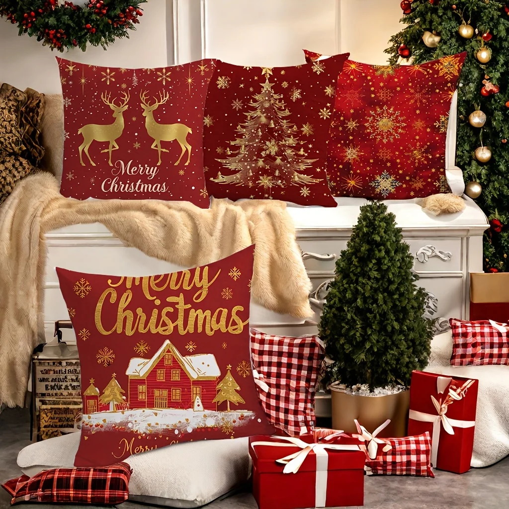 

4pcs Christmas Pillow Covers Holiday Decor Red Print Cushion Cases for Sofa and Living Room Decor, 2D Single-Sided Design