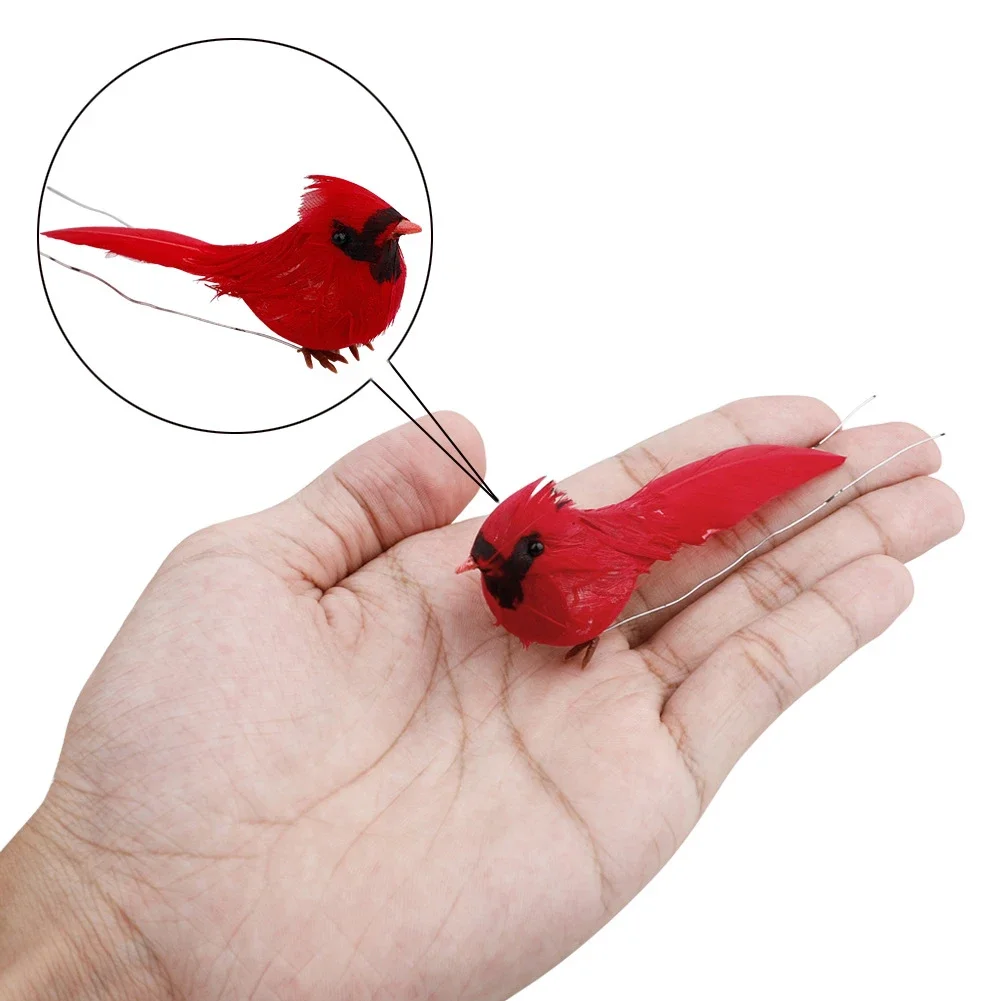 10 buah ornamen burung merah buatan Clip-on Kardinal berbulu burung dekorasi pohon Natal buatan tangan palsu kerajinan burung Pedent