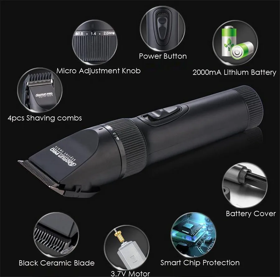 BaoRun X7 Electric Hair Clipper Black Ceramic Blade 2000mA Battery Men's Beard Trimmer Hair Cutting Machine For Salon