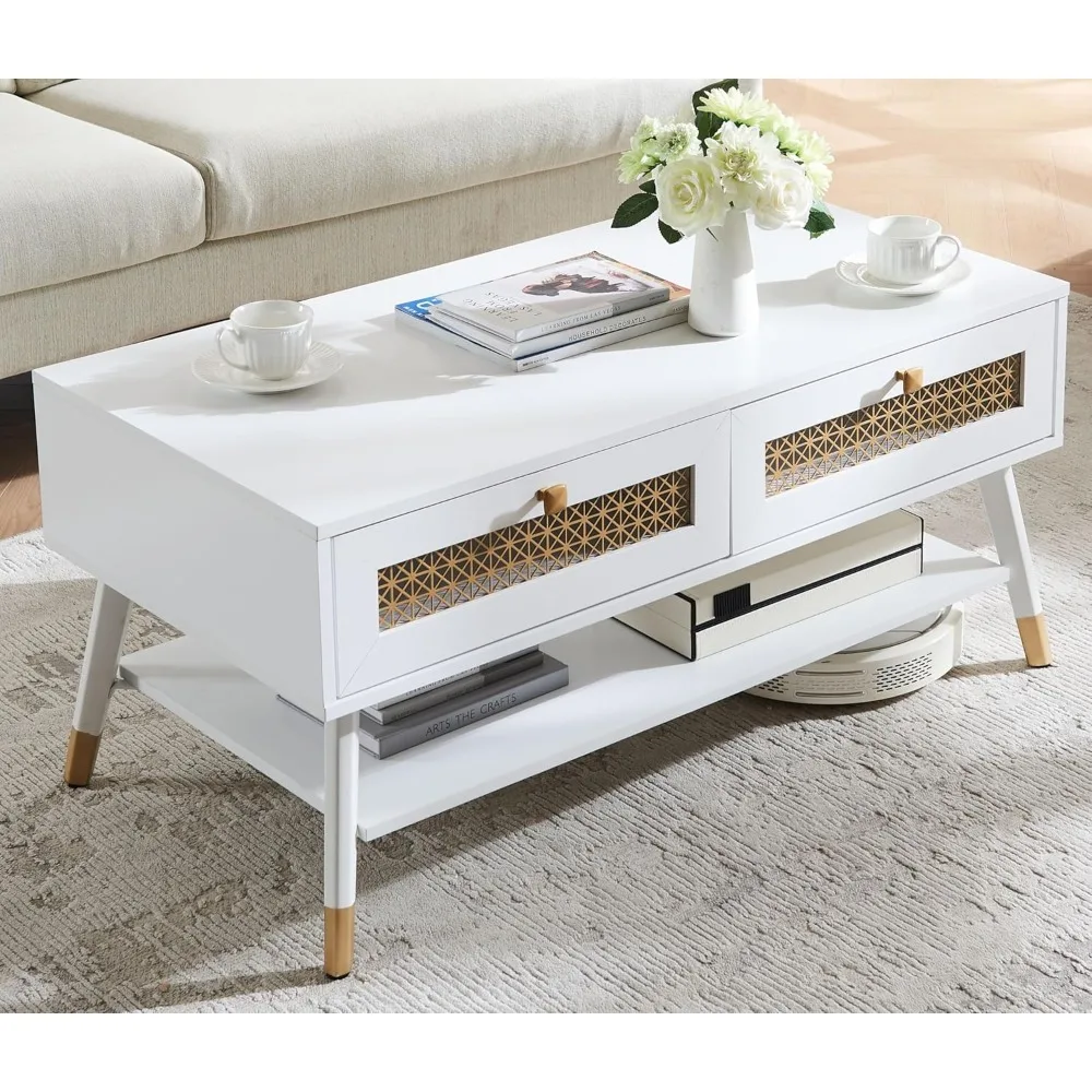 

Wooden Mid Century Modern Coffee Table, Retangle Accent Center Table with Two Drawers, Coffee Tables for Living Room, White