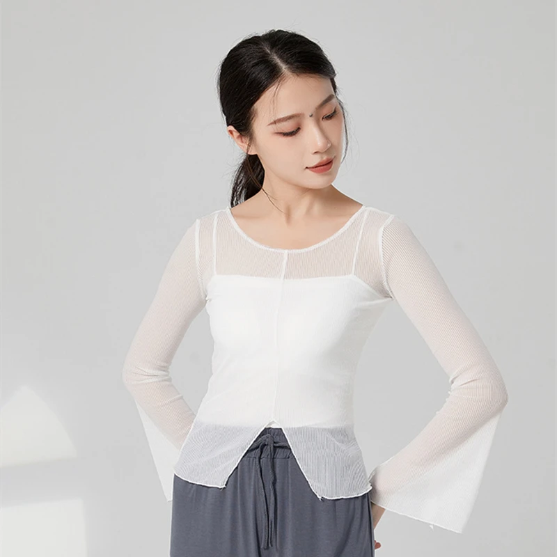 

Classical Dance Top Women Long Flared Sleeve Flowy Shirt Stage Training Outfit Split Hem Blouse Gauze Mesh Summer Casual Clothes