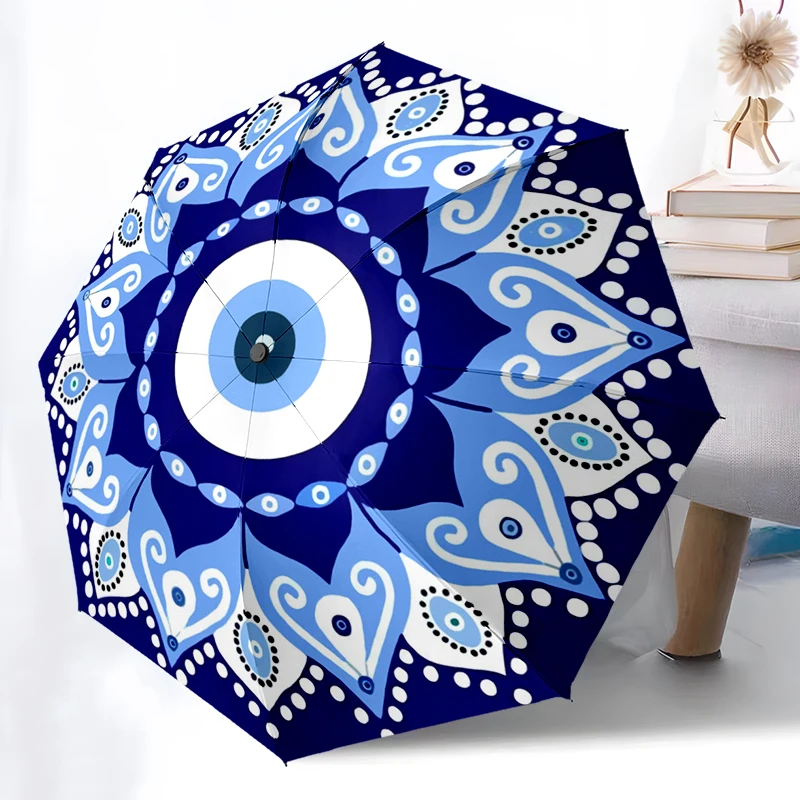 

1 шт. турецкий складной зонт «Глаз дьявола» с автоматическим открытием, дизайн, 8 железных ребер, пластиковая ручка, складной солнцезащитный козырек, идеальные рождественские подарки