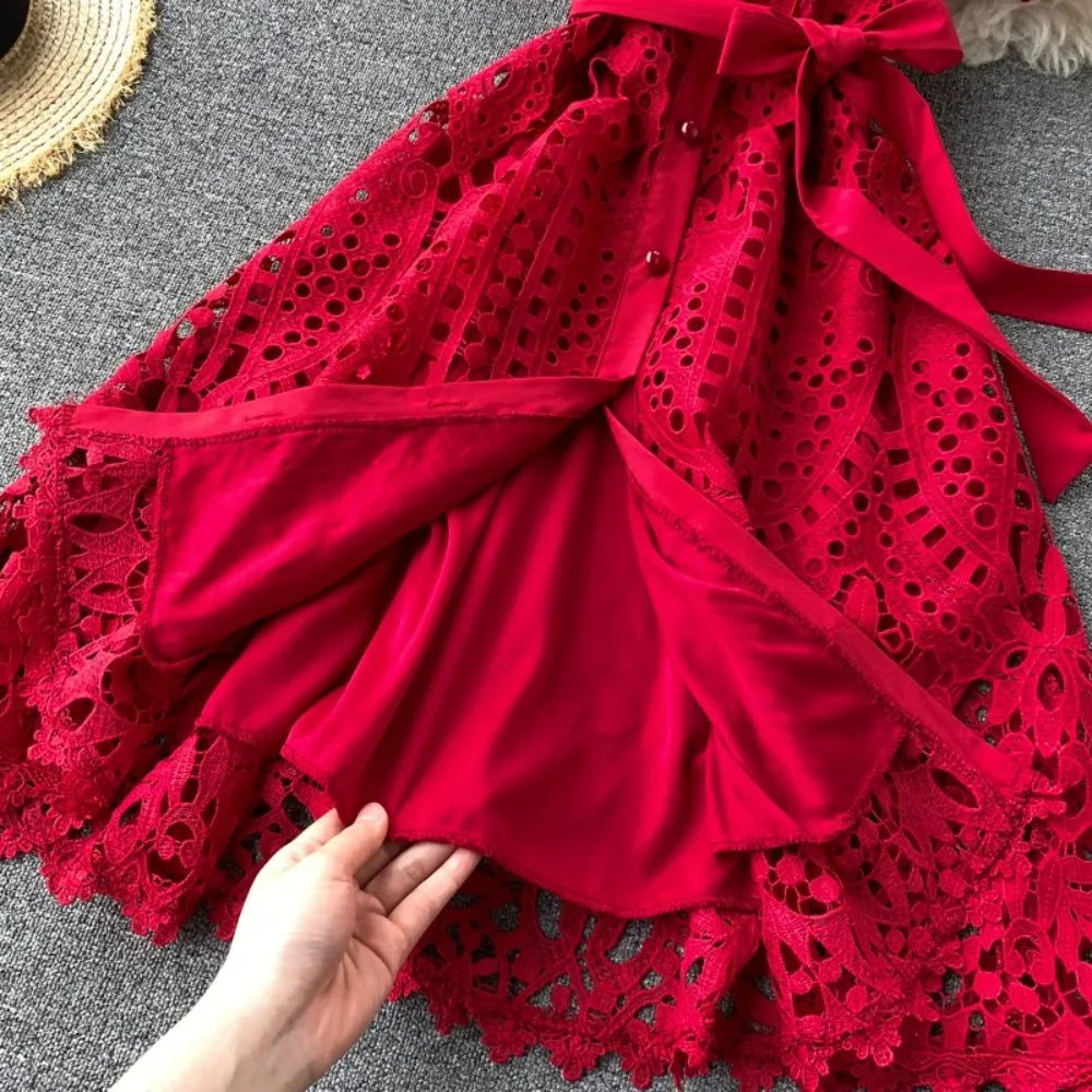 French Vintage Lace O-neck Hollow Out Bandages Short Sleeves Dress Casual Women Fashion Spring/Summer Vestidos Dress