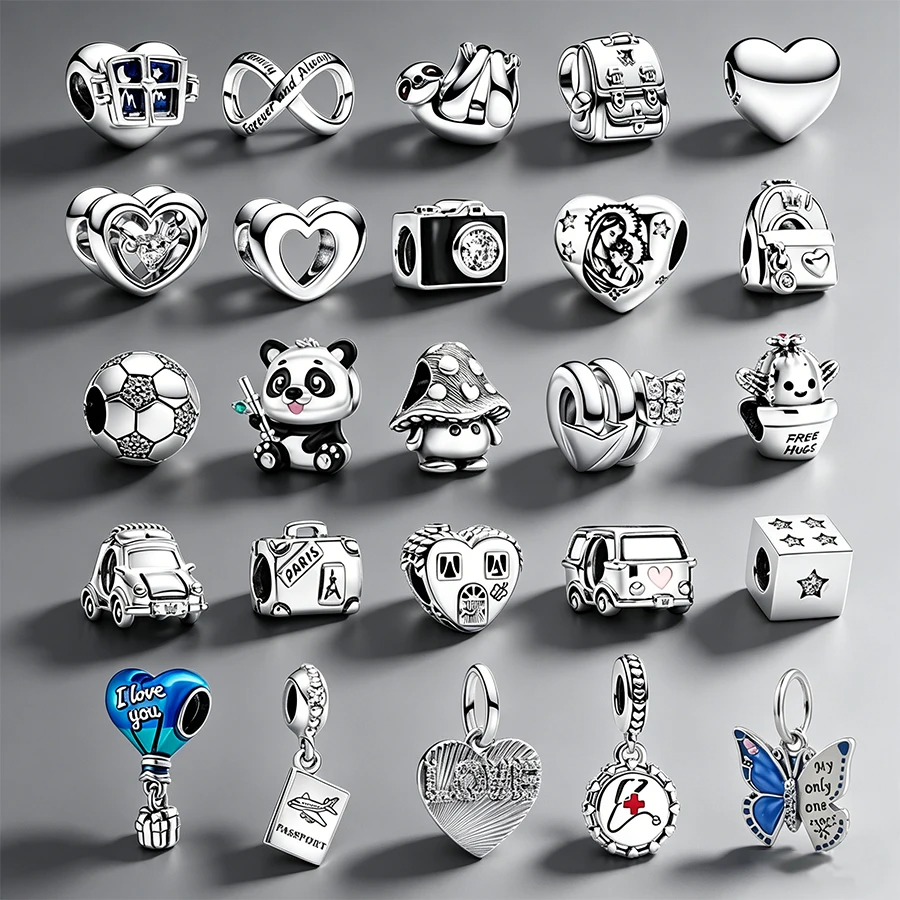 Abalorio de Plata 925 con temática de viaje y vida, para pulseras y creación de joyas DIY, con diseños de Panda, Cámara, Coche, Corazón, Pasaporte, Mariposa, y cuentas de esmalte con circonita cúbica, regalo para mujer