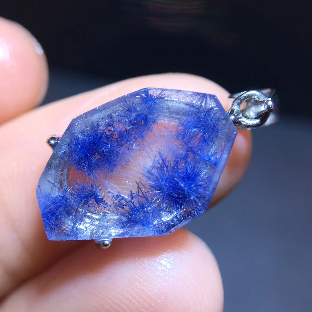 

Natural Blue Rutilated Dumortierite Quartz Pendant 16.6/11mm Rectangle Clear Flower Necklace Gold Jewelry AAAAAAA