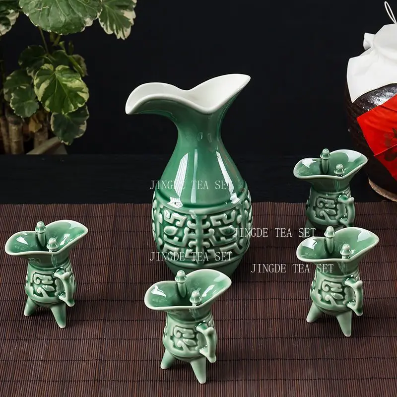 Traditional Chinese Green Ceramic Wine Set with Jue 4 Cups and Pouring Vessel Retro Drinkware for Home Gift Tea Room Decor