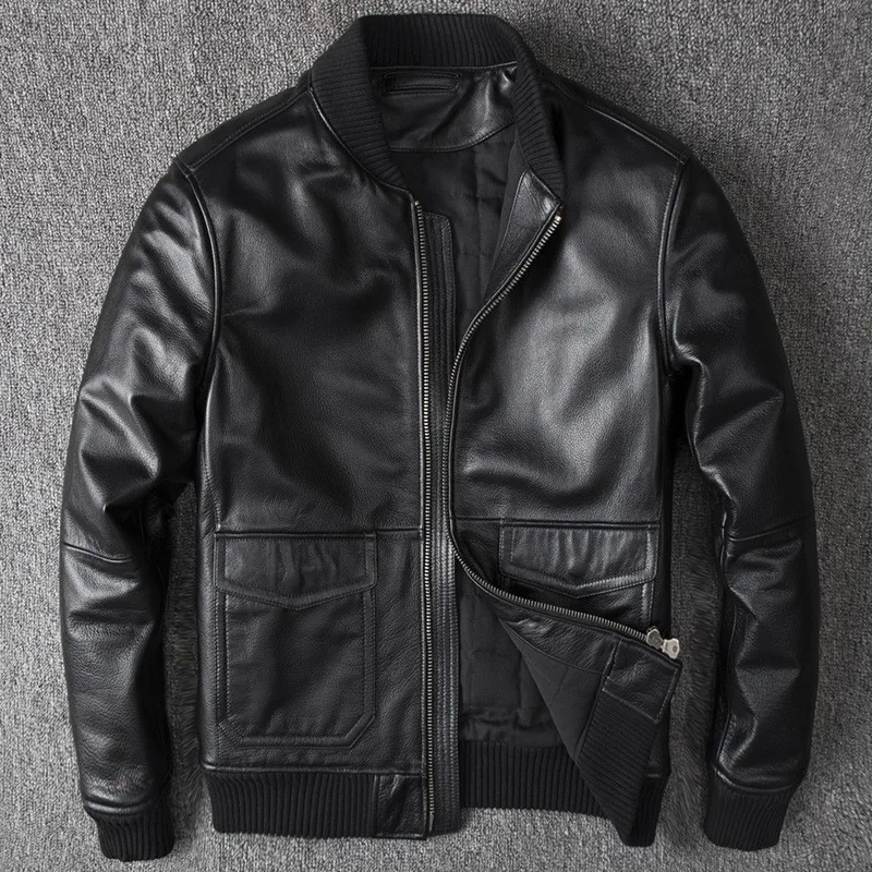 New top-grain cowhide leather for men short motorcycle plus-size coat