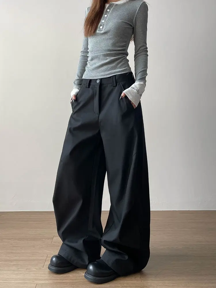 Autumn Women's Pleated Front Wide Leg Pants Cleanfit Black Solid Low Waist Dressy Trousers Unisex Office Work Casual Clothes