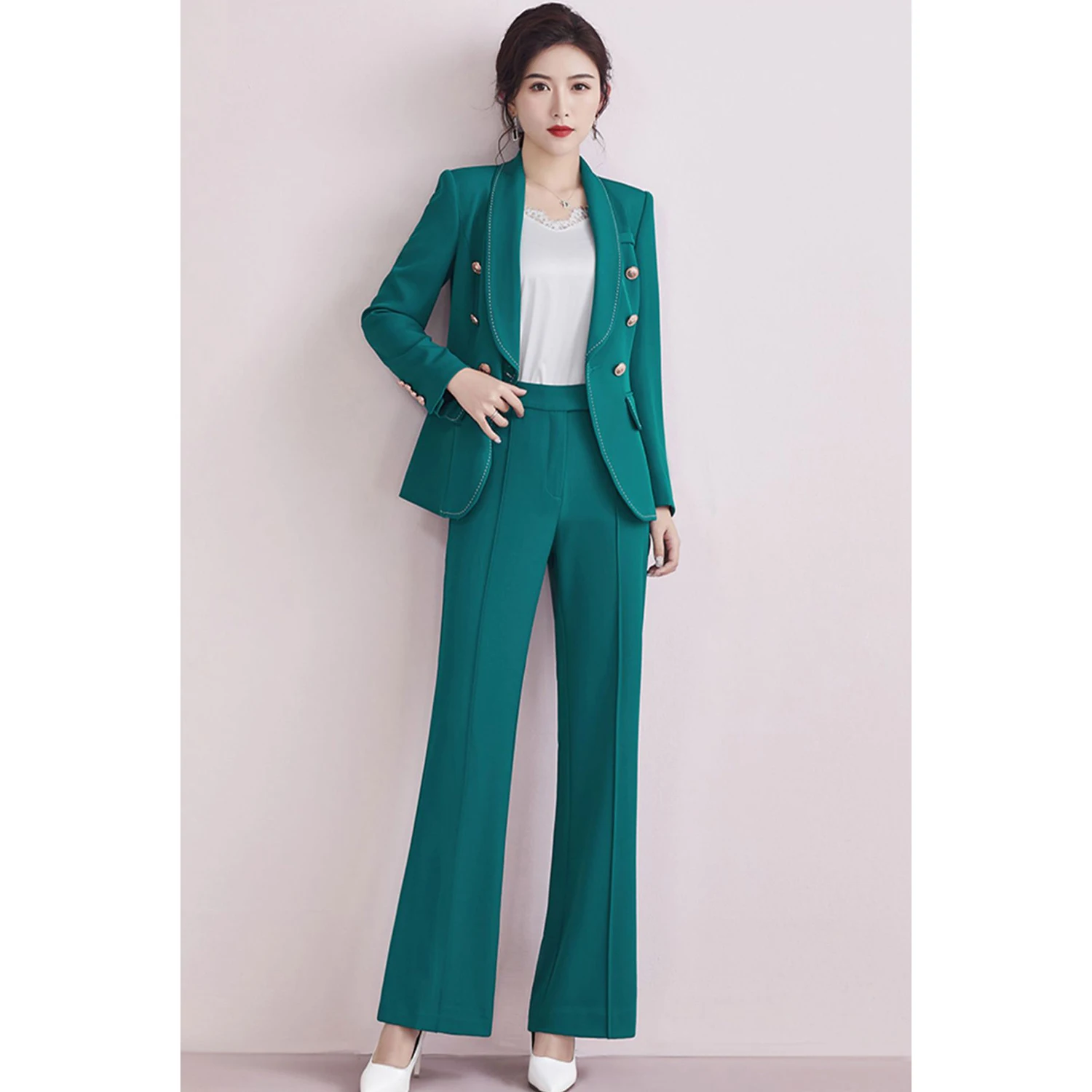 Allingentle Women's Suit Slim Fit Business Pantsuit 2 Piece Suit Elegant Olive Lapel Outfit  for Casual Office Customize