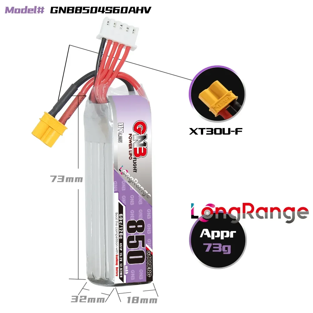 GAONENG GNB LiPo Battery 850mAh 4S 15.2V 60C Long Range XT30 Plug For Beta95X, Beta85X, Beta75X, CineBee, UAV, 2 to 3 inch Drone view 2