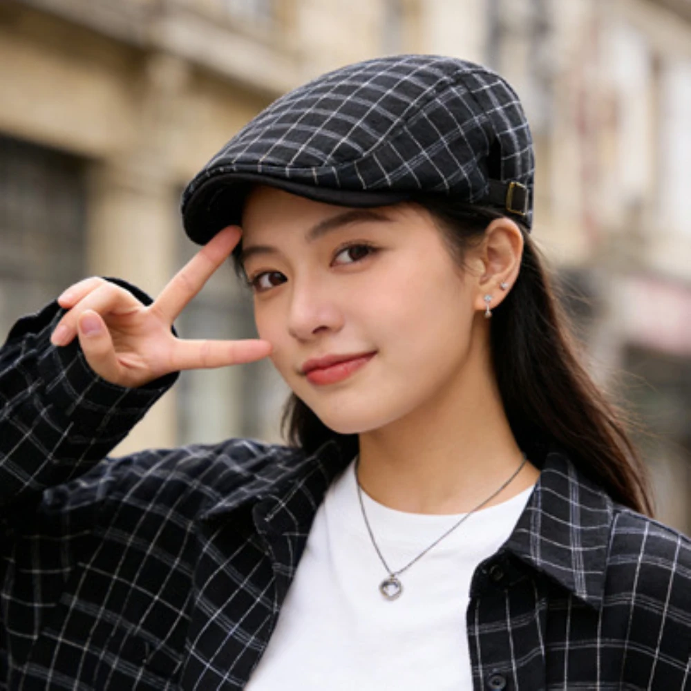 HT5057 Baskenmützen für Herren und Damen, Vintage Künstler-Mütze, Karierte Baskenmütze, Herren- und Damen-Flatcap, Frühling-Sommer Verstellbare Baskenmütze – Detail 12