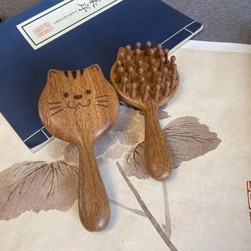 Sandalwood Cartoon Scalp Massage Comb Meridian Comb Toothed Head Hair Comb Body Beautify Massage Guasha Scraping Care.
