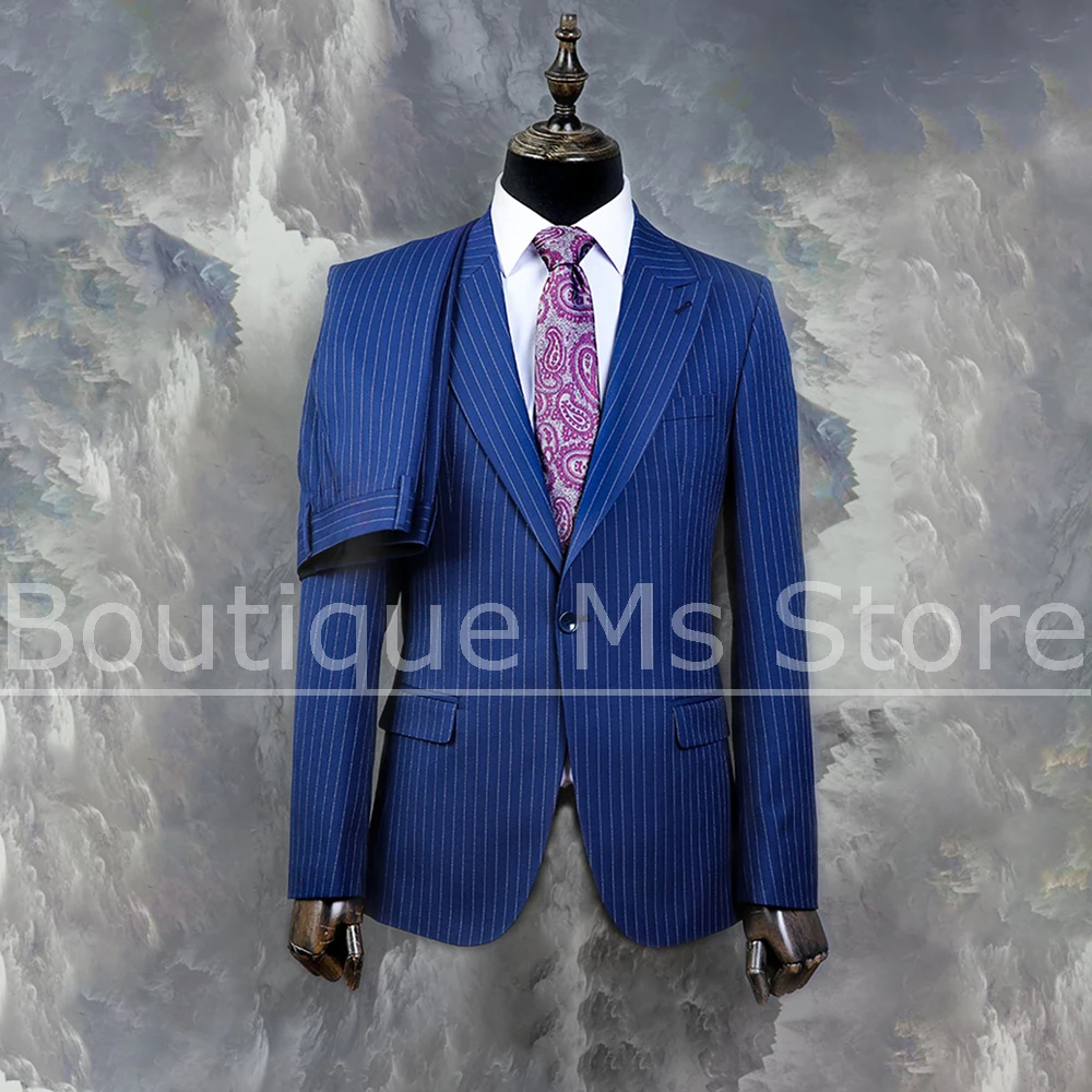 Men's Pinstripe Suit Set Formal Business Office Casual Wear Fashion Peak Lapel One Button Daily Casual 2 Piece Male Suit