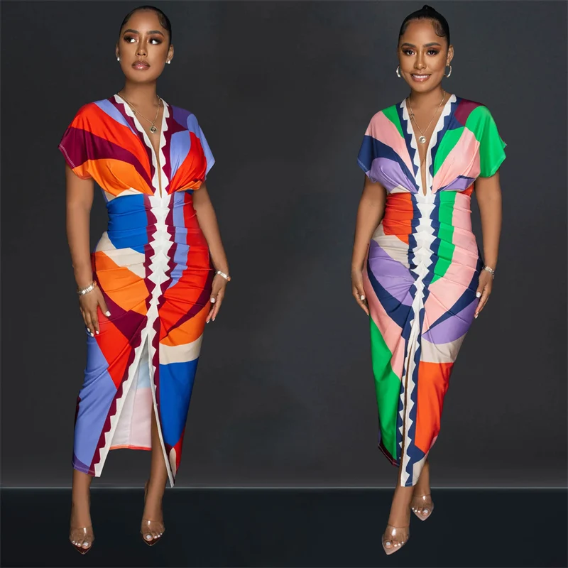 Geometric Print Short Sleeve Maxi Dresses for Women Elegant Slim Fit Stretchy V-neck Ruched Split Party Club Sexy Bodycon Dress