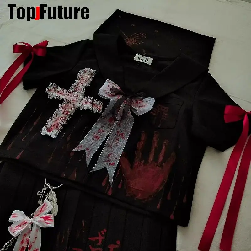 Palm print bloodstain gothic Lolita  Japanese sailor suit bloody JK uniform hand painted Goth y2k Punk bad Girl Cosplay costume