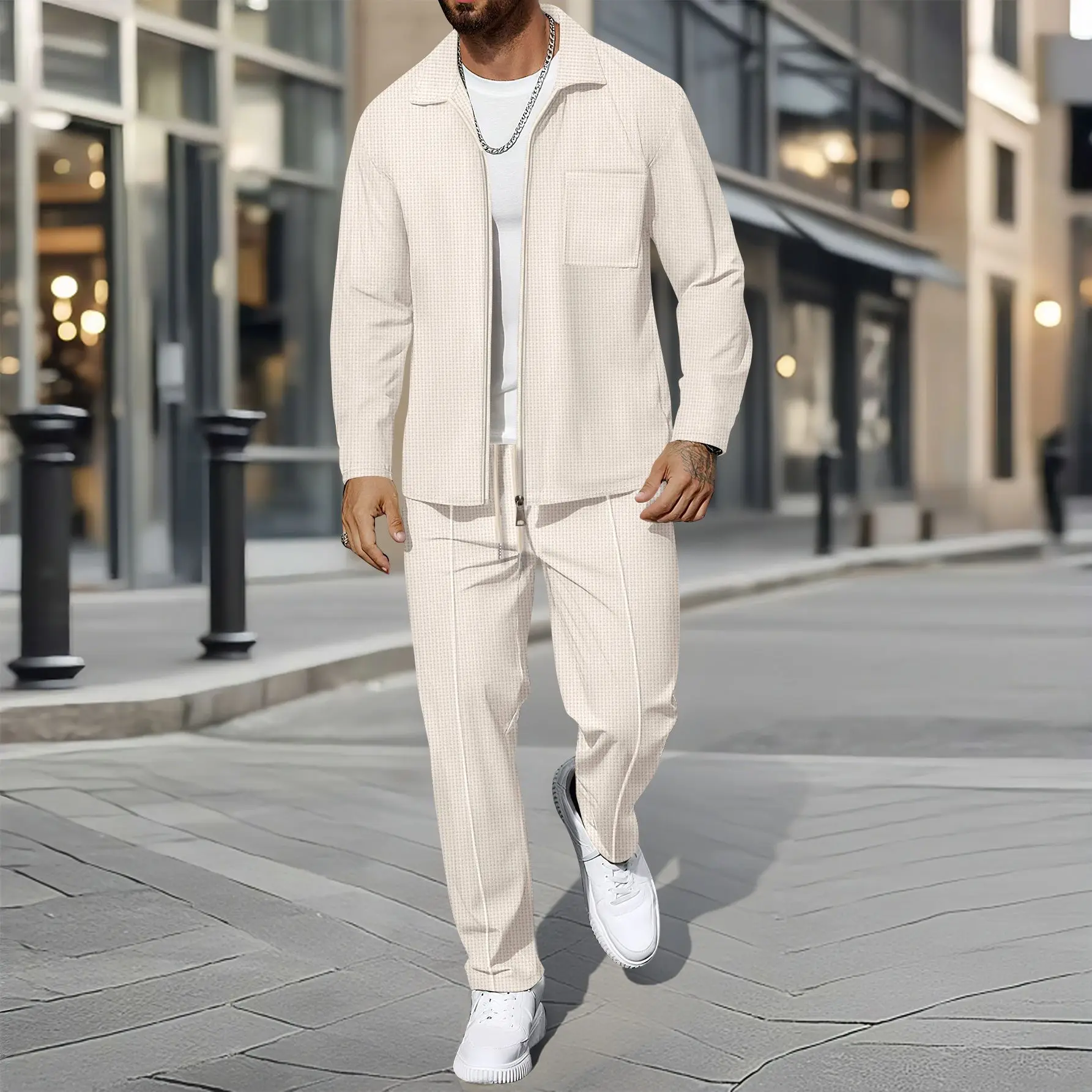 Men's Sporty Casual Zip-Up Long-Sleeve Coat Set Spring Autumn Fashionable Street-Style Waffle Fabric Two-Piece Set